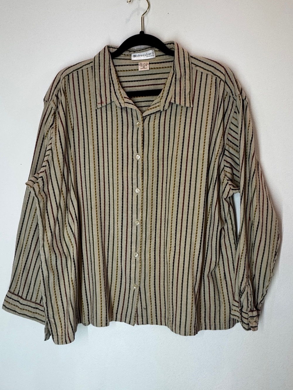 dressbarn Beige Striped Button-Down Shirt with Black Accents